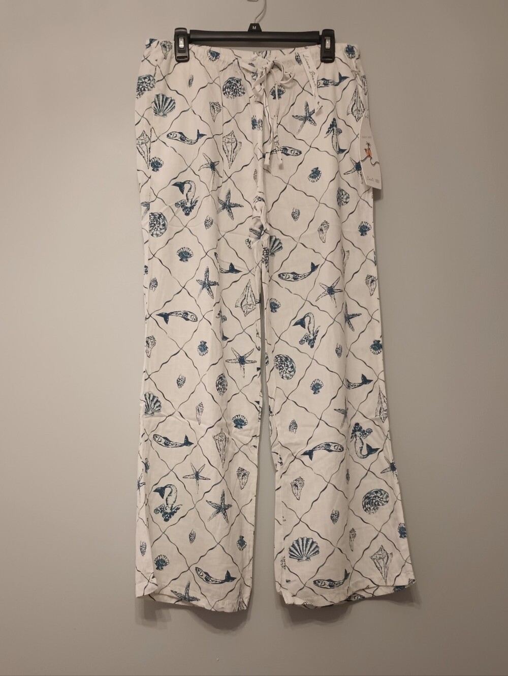 Cali1850 White Drawstring Beach Pants with Blue Nautical Print L
